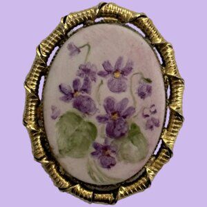 Vintage painted violets on porcelain brooch/pendant